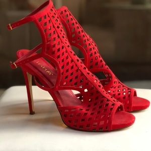 Coral caged stiletto heels